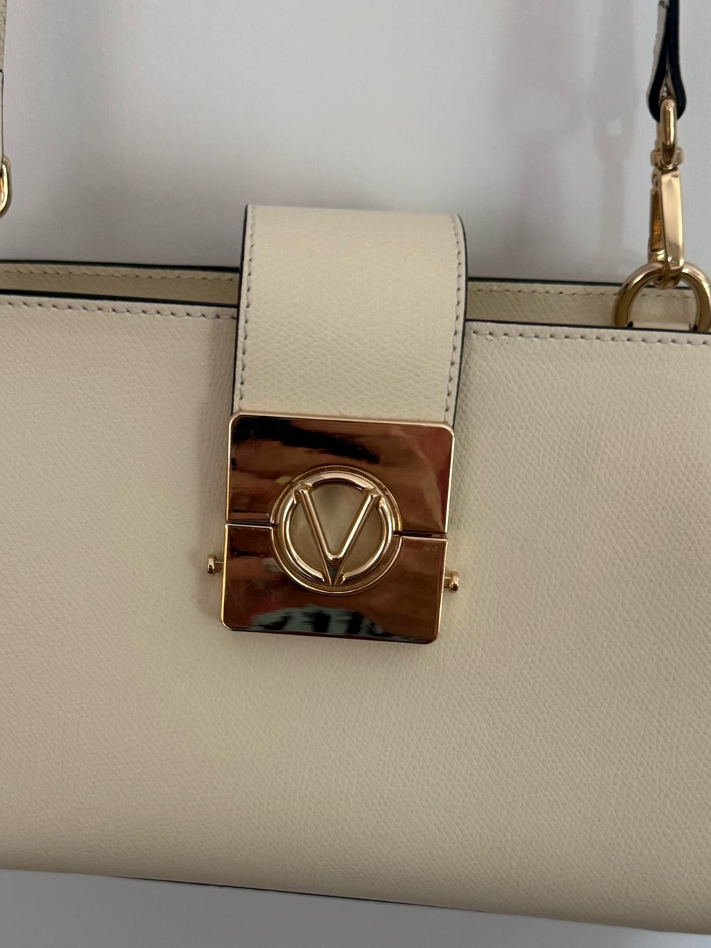 Valentino Cream Leather Top-Handle Bag with Gold V Lock